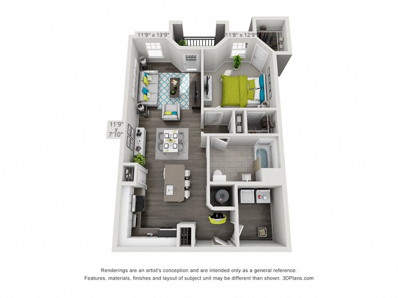 Floor plan for 1 bed, 1 bath, 901 sqft